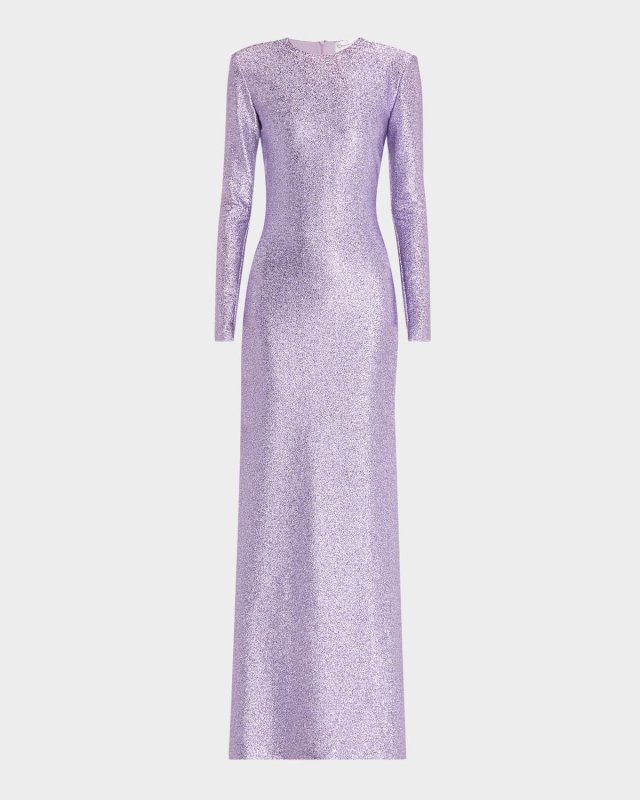 Metallic Stretch Lame Strong-Shoulder Gown